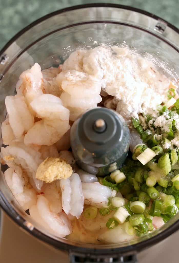 shrimp and scallions in a food processor to make shrimp toast