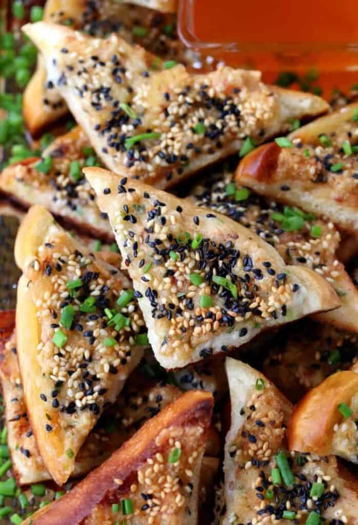 Bacon Shrimp Toast with sesame seeds and chives