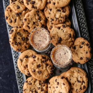 chocolate chip cookie shot recipe on a tray with cookies