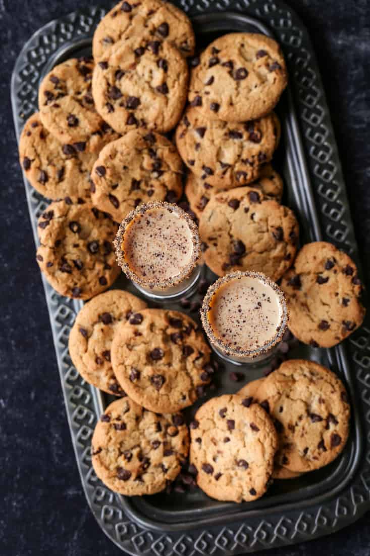 chocolate chip cookie shot recipe on a tray with cookies