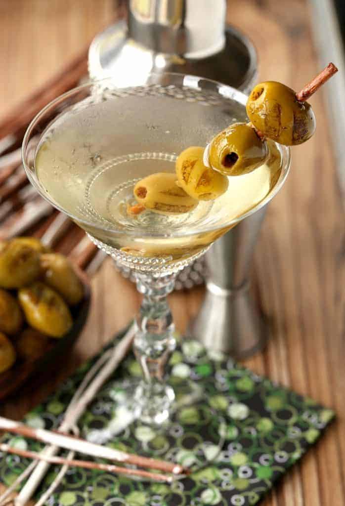 Grilled Dirty Martini with olives from the top view