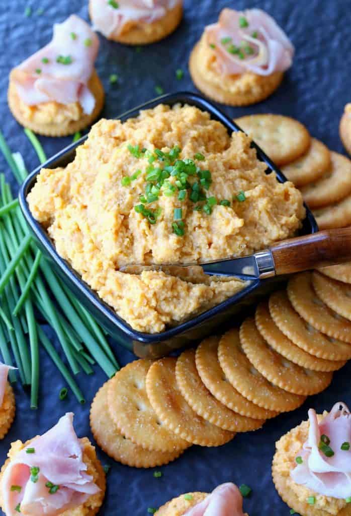 Ham and Pub Cheese Crackers on platter with cheese in bowl