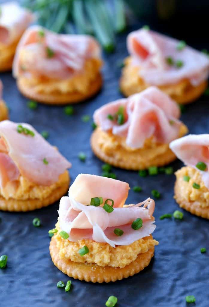 Ham and Pub Cheese Crackers on a slate cheese board