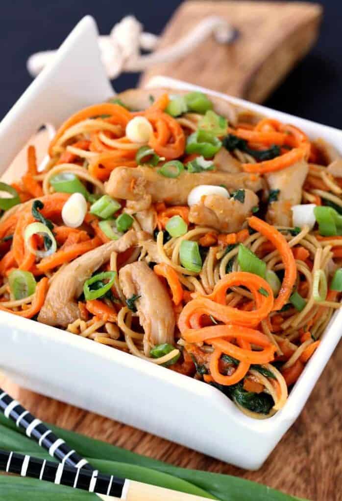 Veggie Heavy Chicken Lo Mein in a bowl