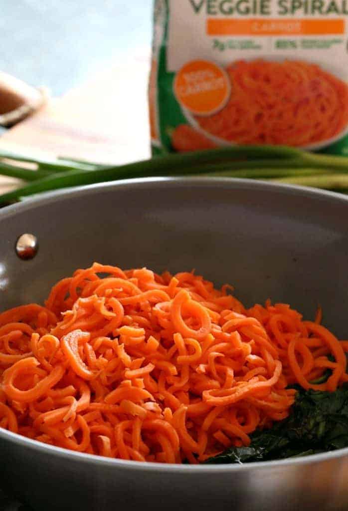 Veggie Heavy Chicken Lo Mein carrot spirals in pan