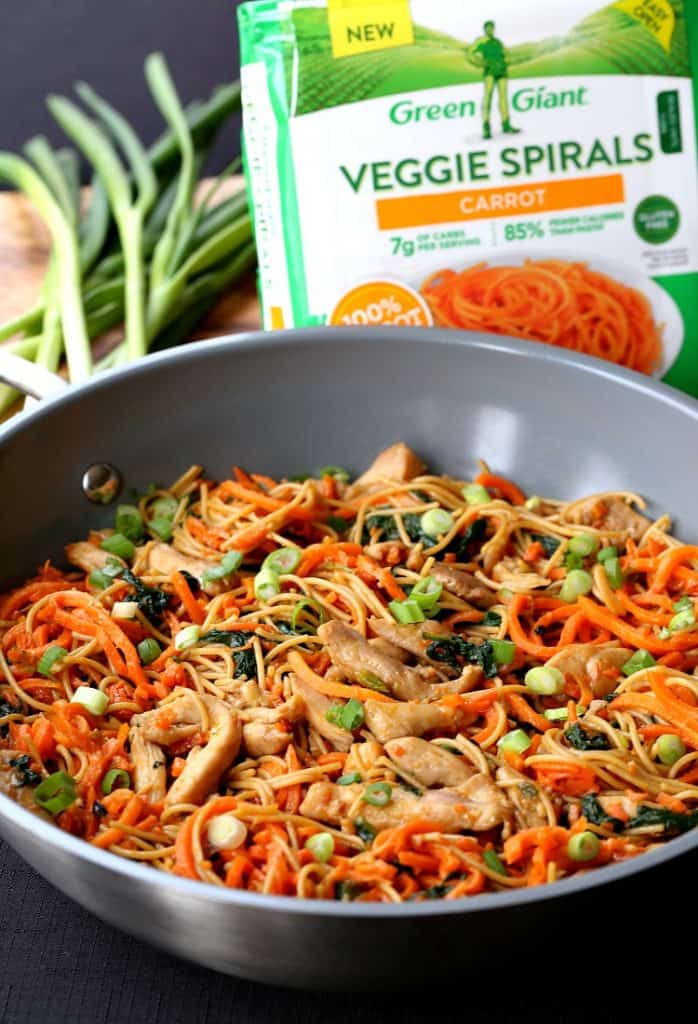 Veggie Heavy Chicken Lo Mein in a wok with Green Giant packaging