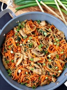 Veggie Heavy Chicken Lo Mein in a wok from the top