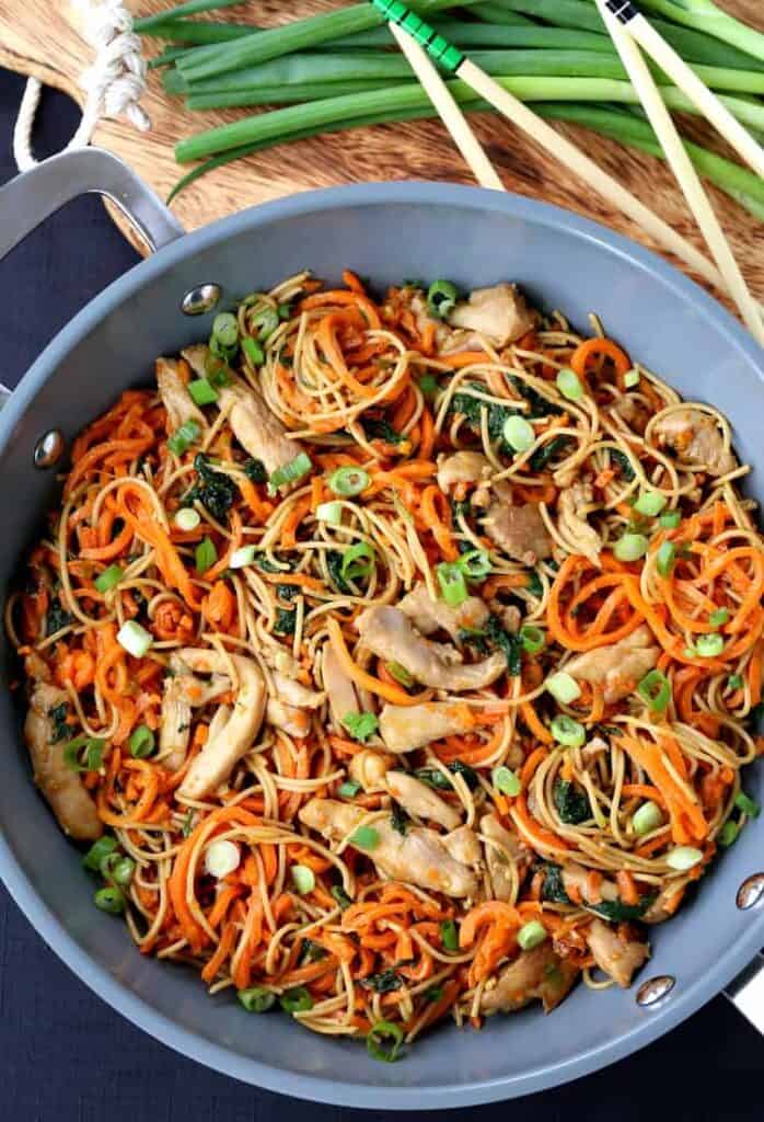 Veggie Heavy Chicken Lo Mein in a wok from the top