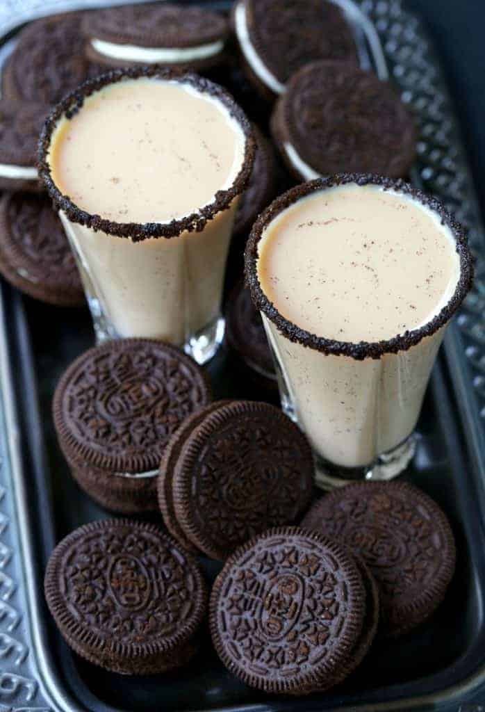 Oreo Cookie Shots on a tray with cookies from the top