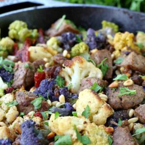 Skillet Sicilian Beef and Cauliflower in a skillet close up