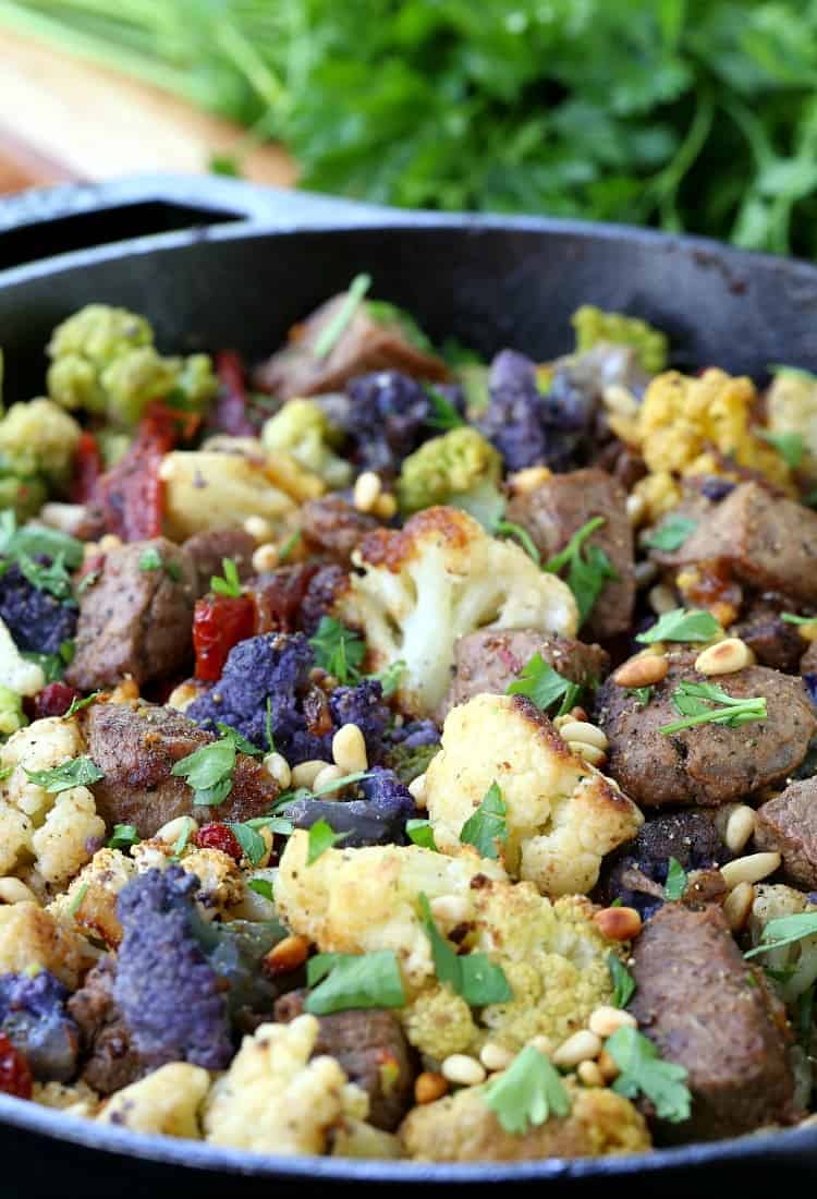 Skillet Sicilian Beef and Cauliflower in a skillet close up