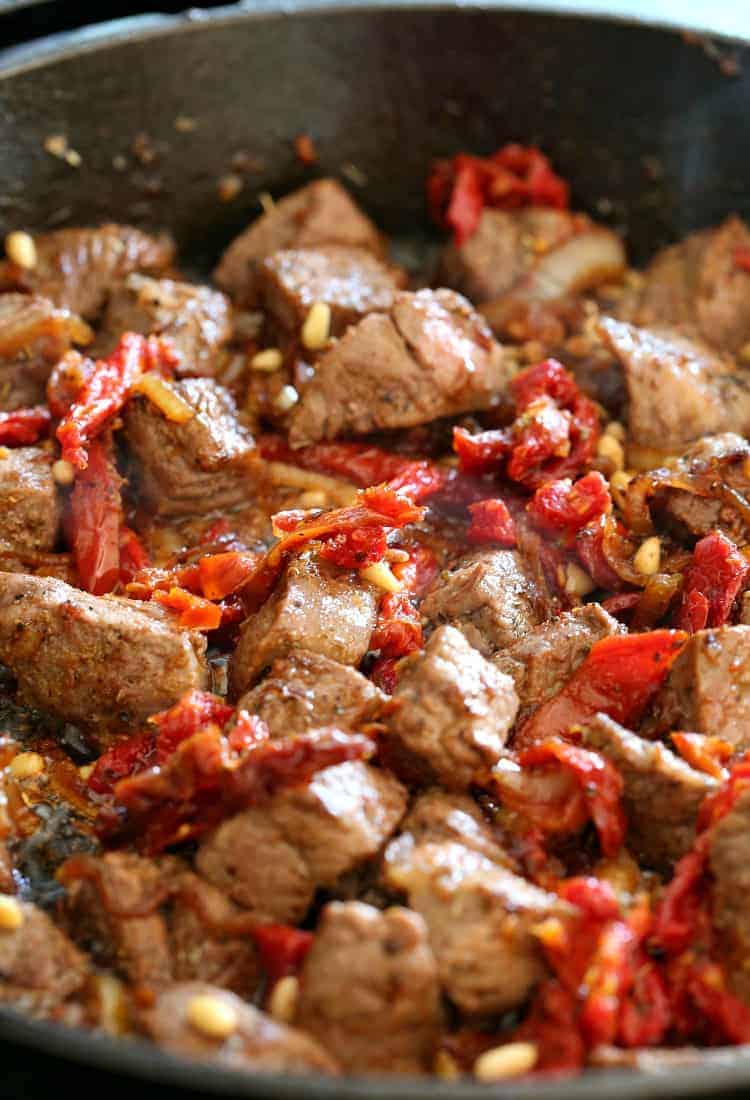 Skillet Sicilian Beef and Cauliflower cooking in skillet