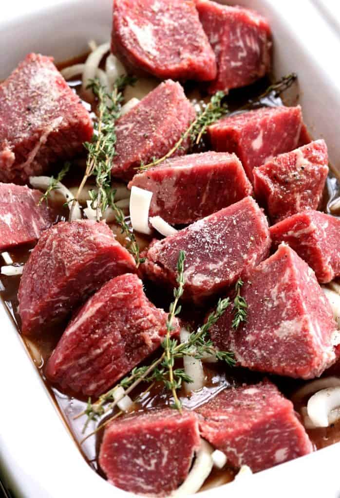 Beef tips with thyme prep in slow cooker