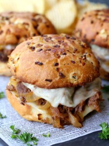 Slow Cooker BBQ French Dip Sandwiches with melted cheese