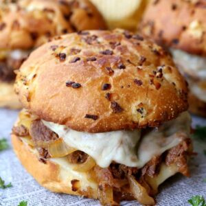 Slow Cooker BBQ French Dip Sandwiches with melted cheese