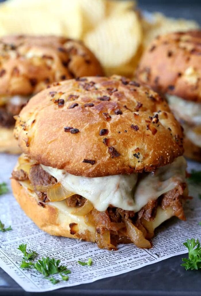 Slow Cooker BBQ French Dip Sandwiches with melted cheese