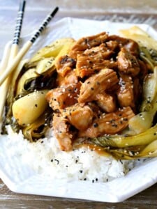 Slow Cooker Nutty Asian Pork with bok choy and chop sticks
