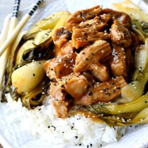 Slow Cooker Nutty Asian Pork with bok choy and chop sticks