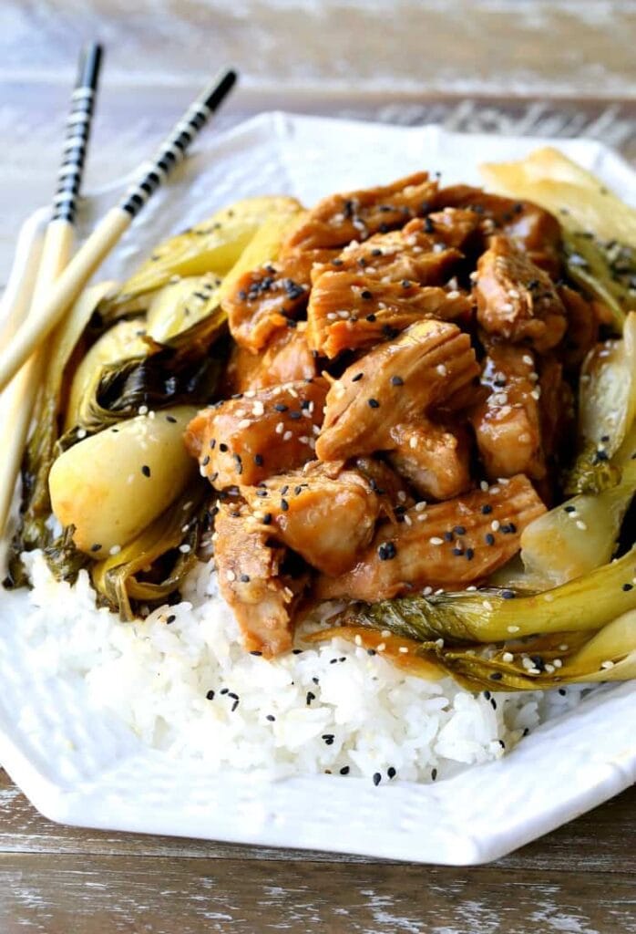 Slow Cooker Nutty Asian Pork with bok choy and chop sticks