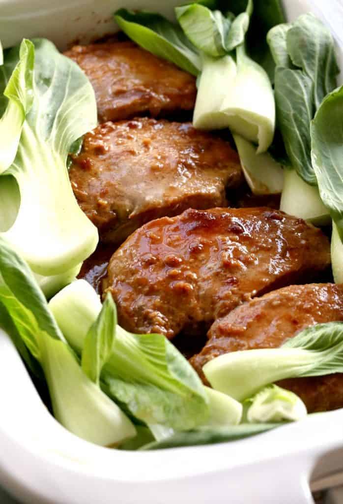 Slow Cooker Nutty Asian Pork with bok choy in the slow cooker