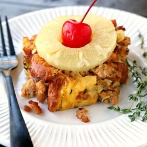 Upside Down Pineapple Sausage Stuffing is a delicious pineapple stuffing side dish recipe