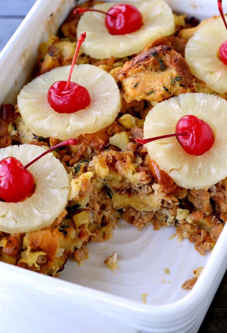 Upside Down Pineapple Sausage Stuffing is a pineapple stuffing side dish
