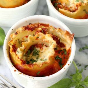 Individual Lasagna Cups with forks and basil