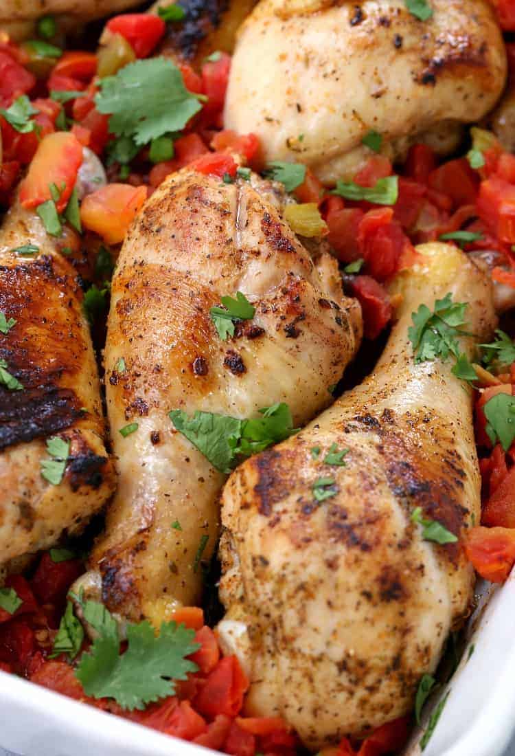 Baked Fiesta Chicken Legs with tomatoes