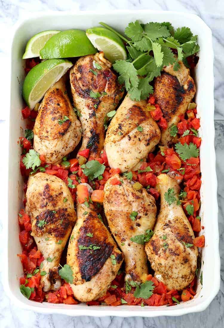 Oven Baked Fiesta Chicken Legs in a baking dish