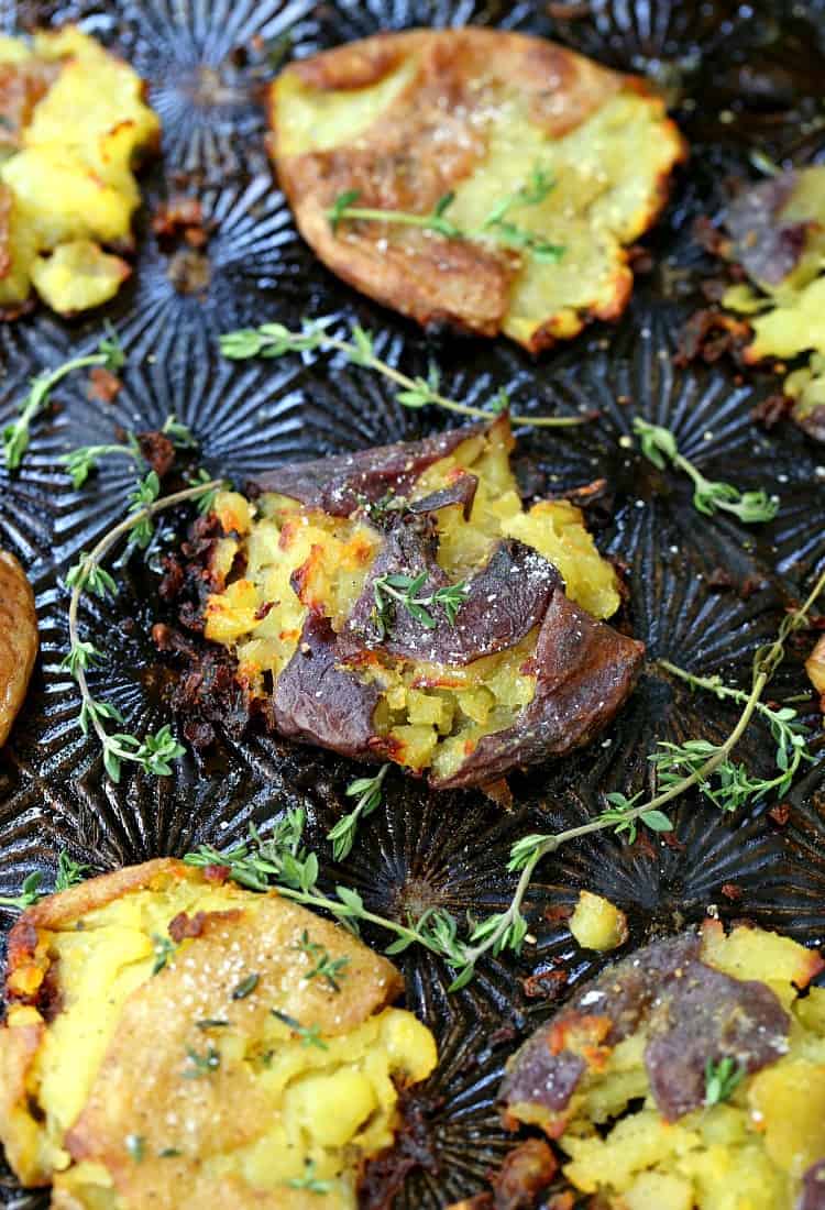 smashed potatoes on a sheet pan