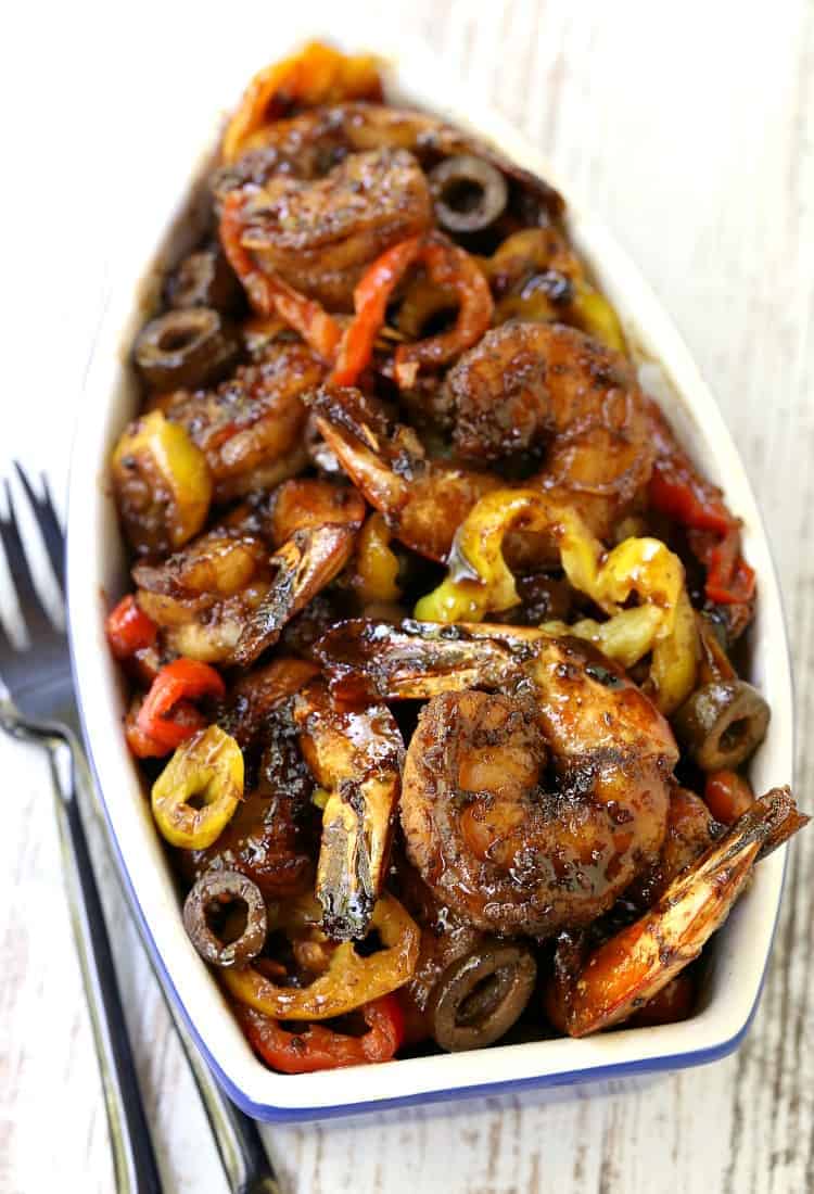 Sweet and Spicy Balsamic Glazed Shrimp in a dish from the top