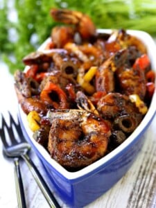 Sweet and Spicy Balsamic Glazed Shrimp with forks and parsley