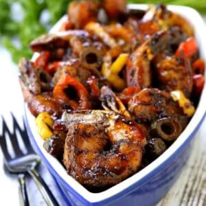 Sweet and Spicy Balsamic Glazed Shrimp with forks and parsley