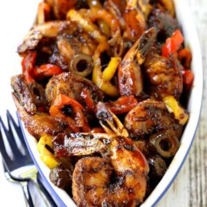 Sweet and Spicy Balsamic Glazed Shrimp with forks in a dish