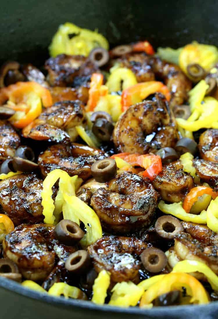 Sweet and Spicy Shrimp in a skillet with peppers