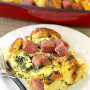 Taylor Ham Egg and Cheese Casserole with a fork on a plate