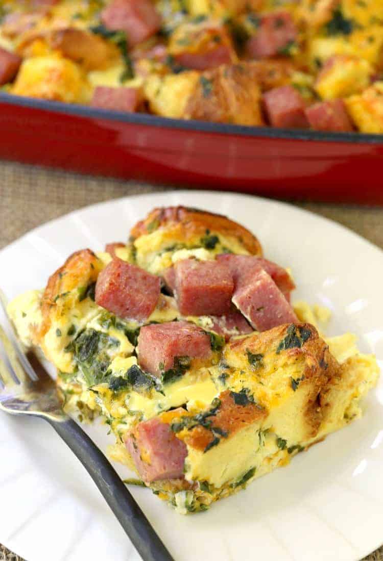 Taylor Ham Egg and Cheese Casserole is an overnight casserole recipe made with taylor ham, eggs, cheese and spinach