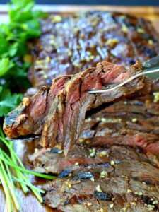 Dan's Whiskey Steak with a slice on a fork