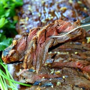 Dan's Whiskey Steak with a slice on a fork
