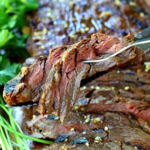 Dan's Whiskey Steak with a slice on a fork