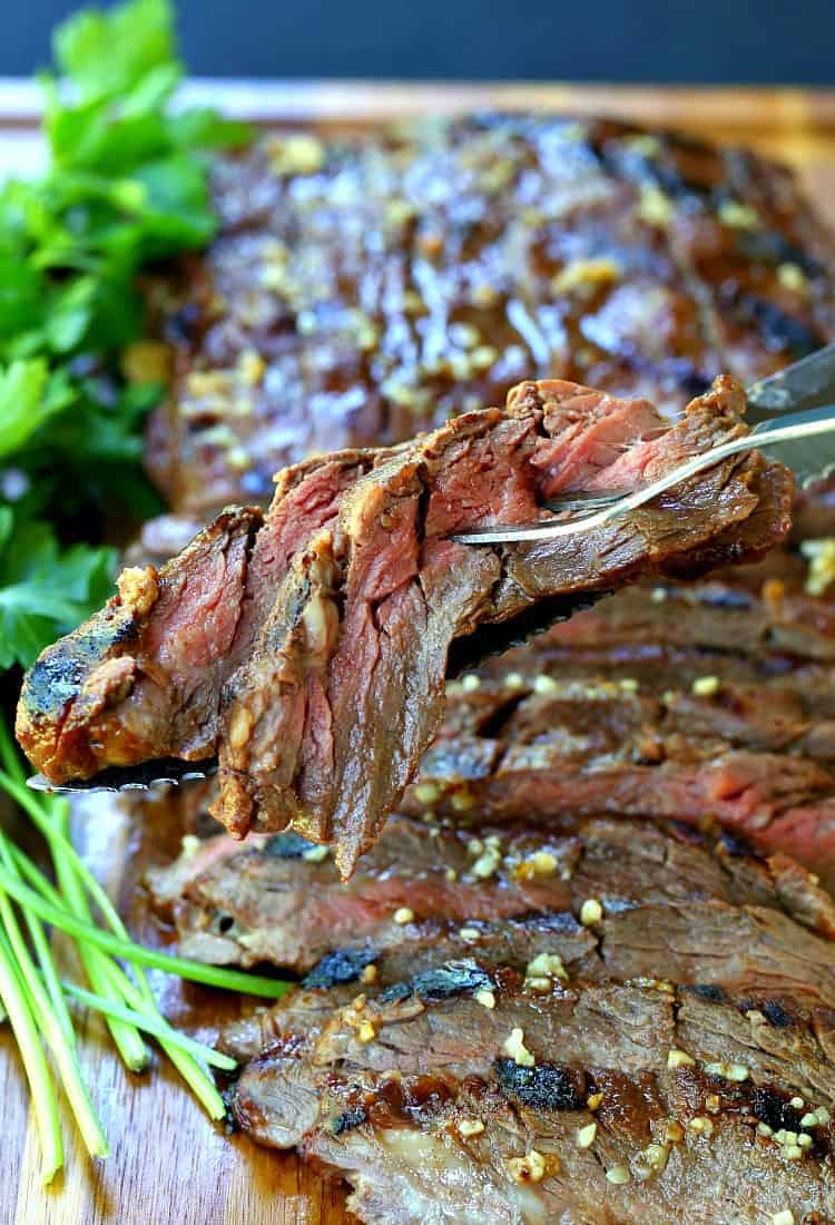 Dan's Whiskey Steak with a slice on a fork