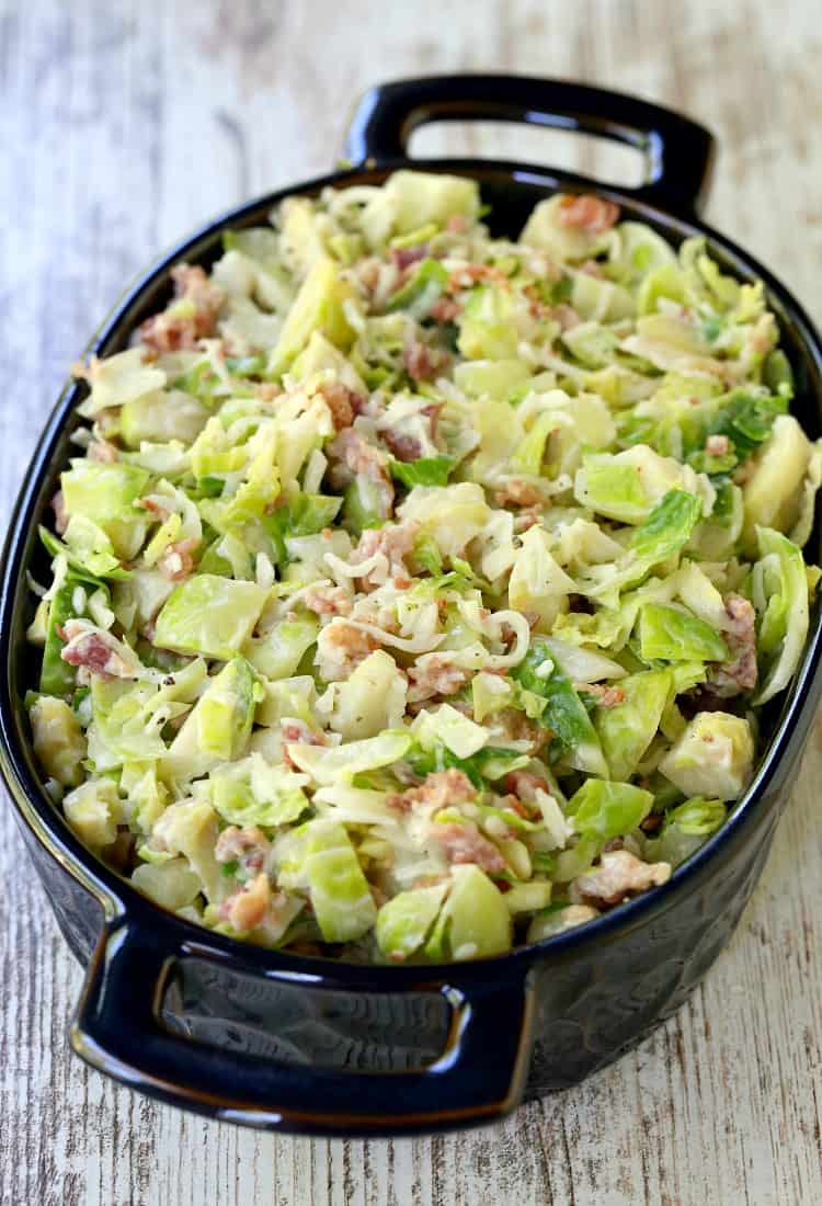 The Best Brussels Sprouts Casserole is a casserole recipe made with shaved brussel sprouts, bacon, cheese and cream