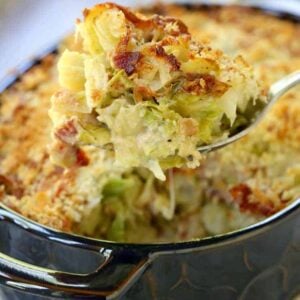 The Best Brussels Sprouts Casserole on a spoon