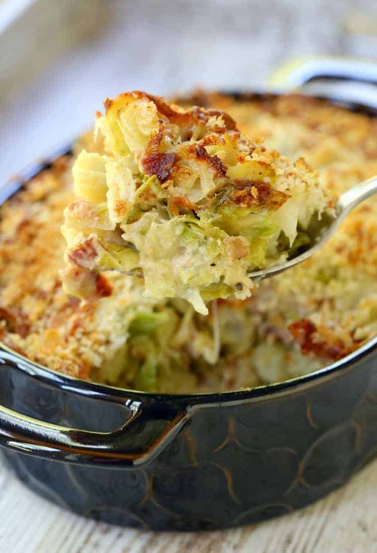 The Best Brussels Spouts Casserole recipe is made with chopped brussel sprouts, bacon, cream and cheese topped with breadcrumbs