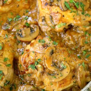 Creamy Caramelized Onion Chicken Thighs is a one skillet chicken dinner recipe with mushrooms and onions