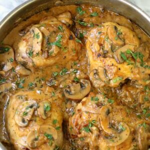 Creamy Caramelized Onion Chicken Thighs is a chicken recipe cooked with onions and mushrooms