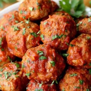 Grandma's Sunday Meatballs and Sauce in a bowl from the top