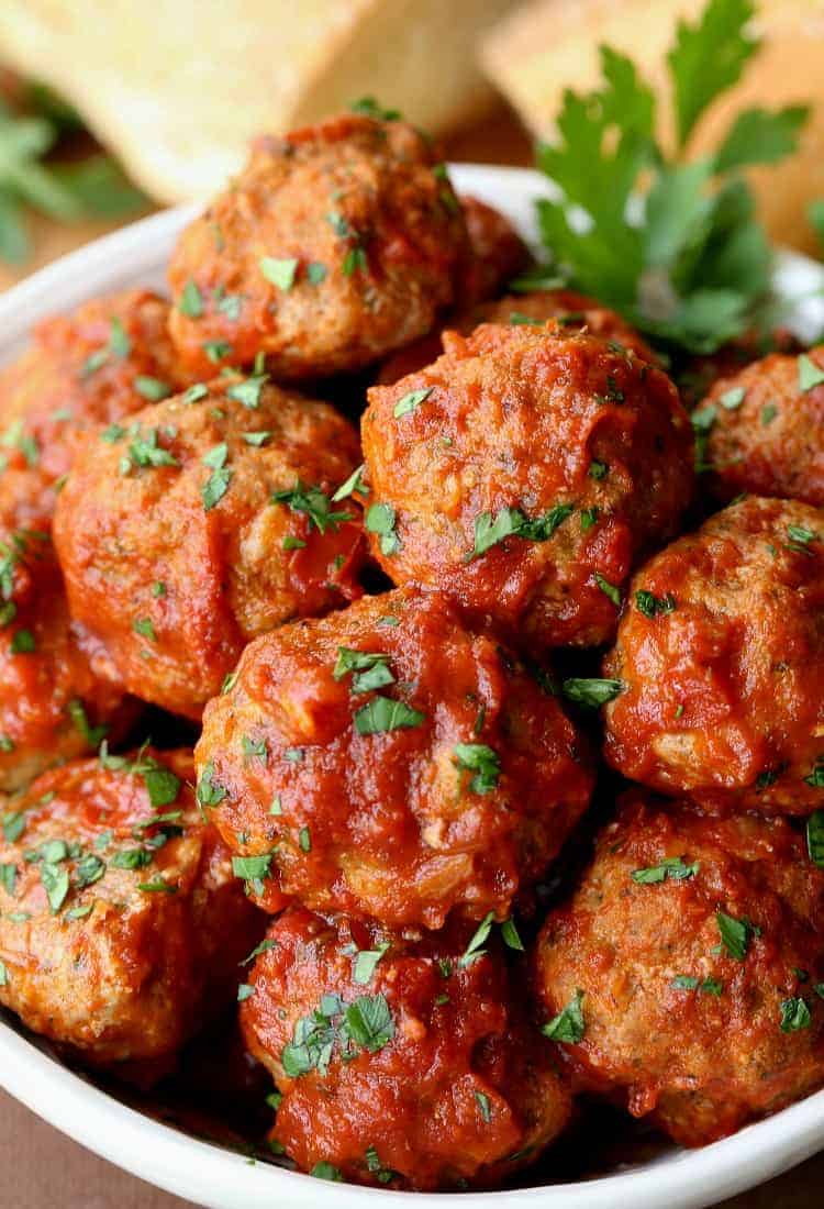 Grandma's Sunday Meatballs and Sauce in a bowl from the top