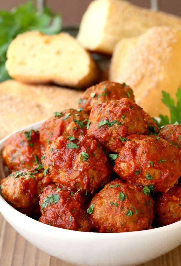 Grandma's Sunday Meatballs and Sauce in a bowl from the front