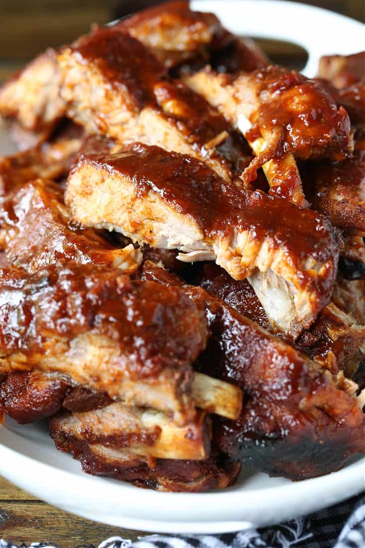 Slow Cooker ribs sliced on a platter